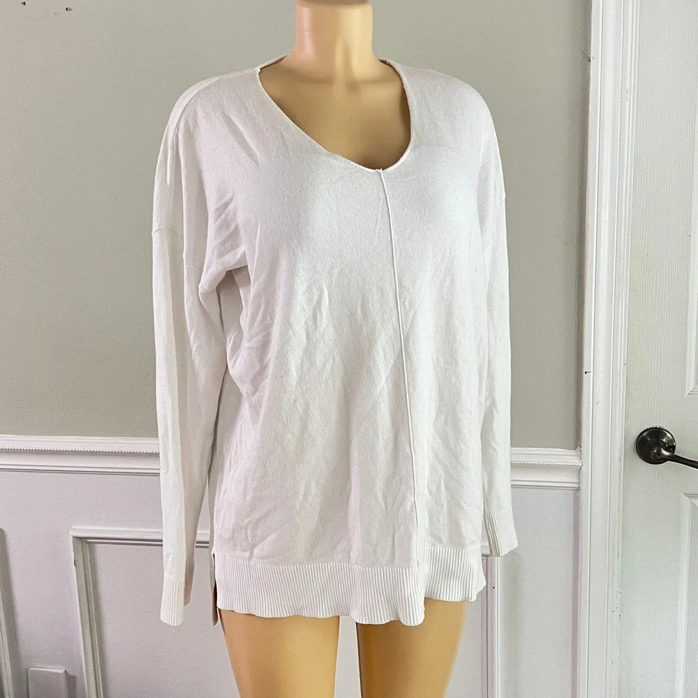 Jouica‎ V-Neck Sweater Womens 2XL White Long Sleeve Side Slits High-Low Pullover